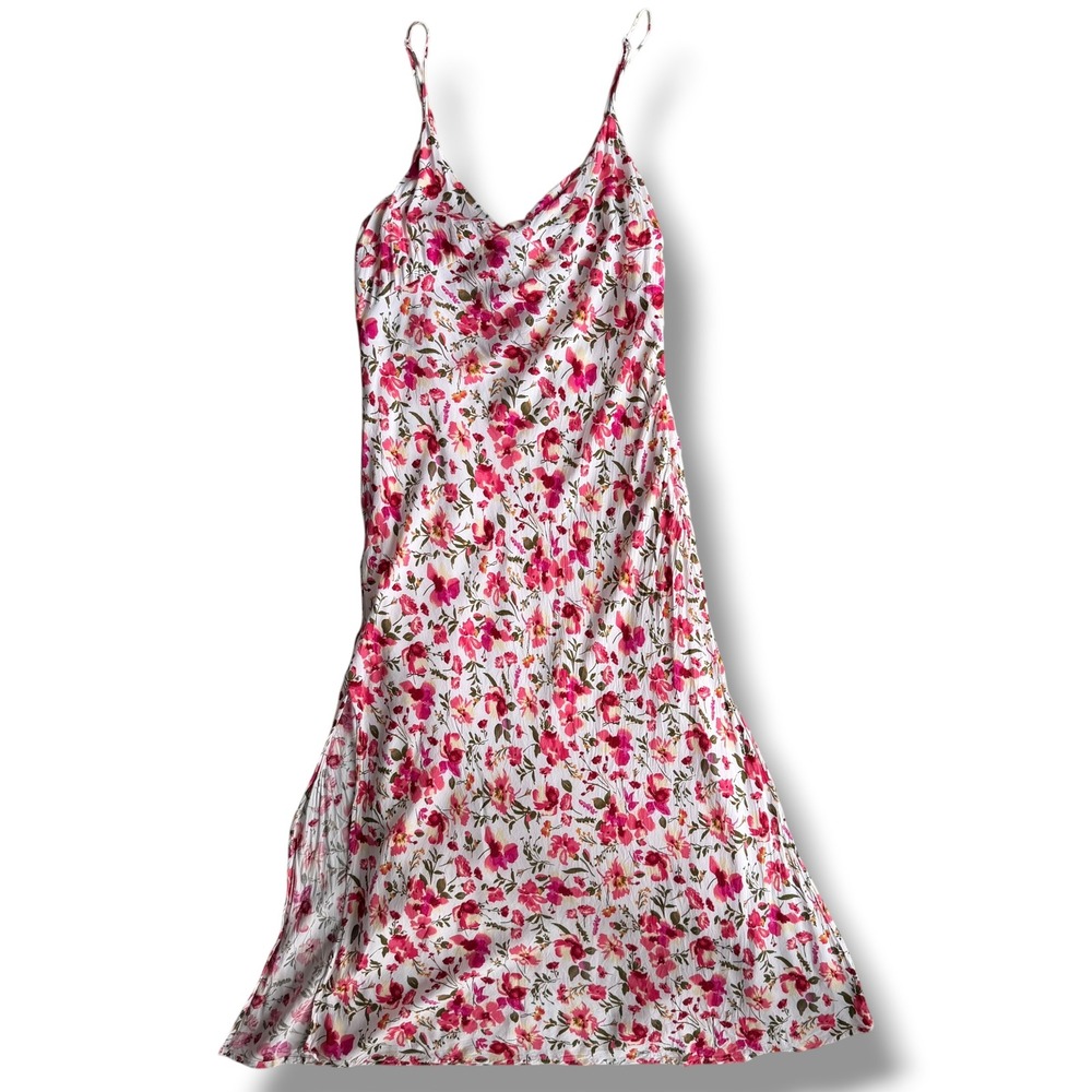 Hello Molly Women L Pink White Floral Sweet Seedlings Midi Dress Tie Back Cutout